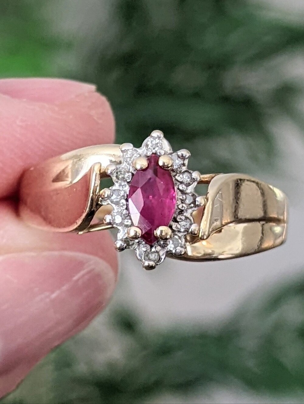 Antique 14K Gold Ruby Ring With Diamond Halo